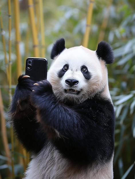 a panda bear holding a cell phone in his hand