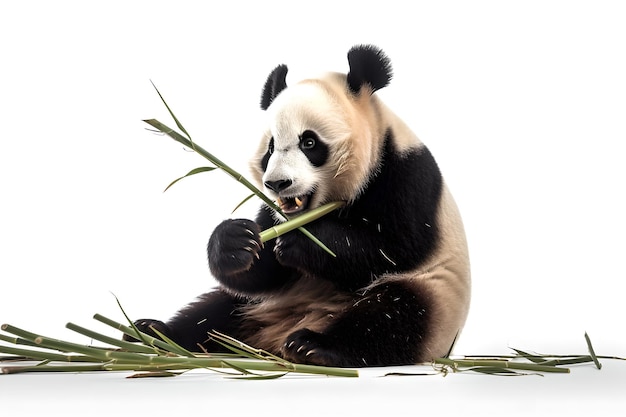 A panda bear is eating bamboo in front of a white background.