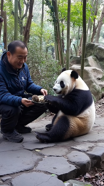 Photo a panda bear is eating a banana and a man is feeding him