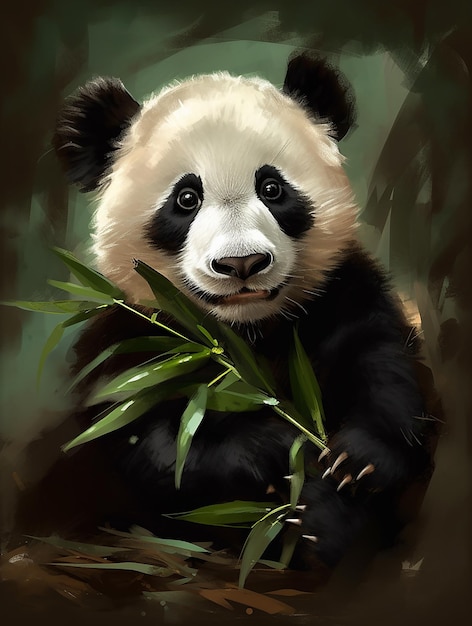 A panda bear is holding a branch with green leaves.