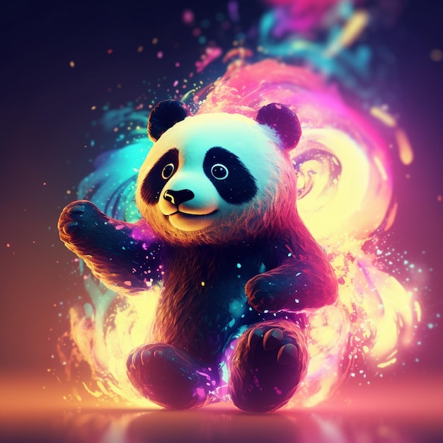 A panda bear is sitting in front of a colorful fire.