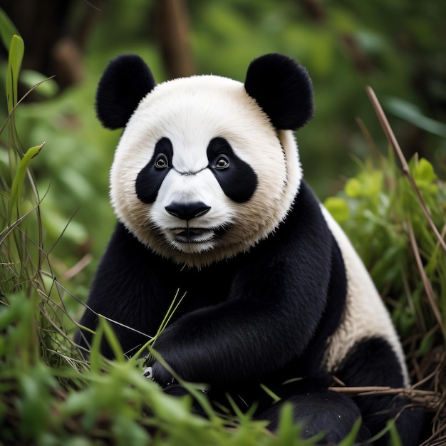 A panda bear is sitting in the grass and has a black face.