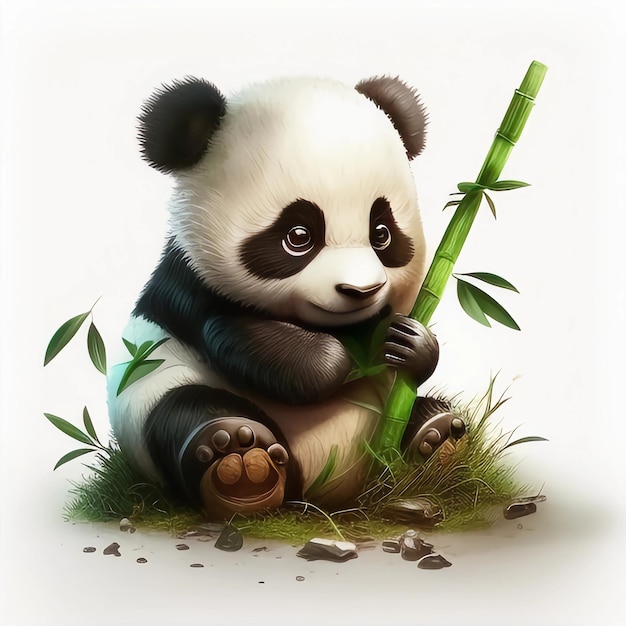 A panda bear is sitting on the ground and holding a bamboo plant