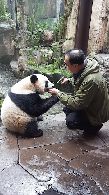 Photo a panda bear is sitting on a mans lap