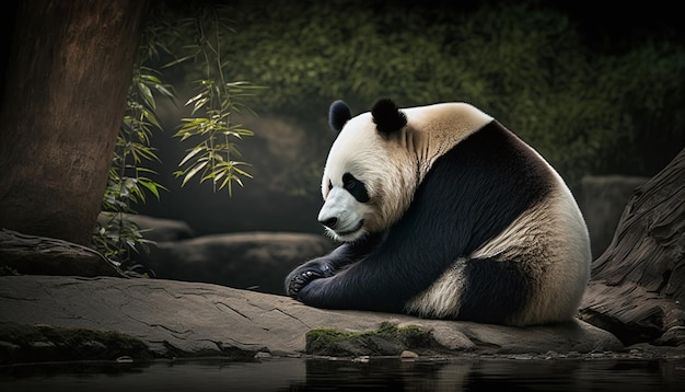 A panda bear is sitting on a rock by a pond.