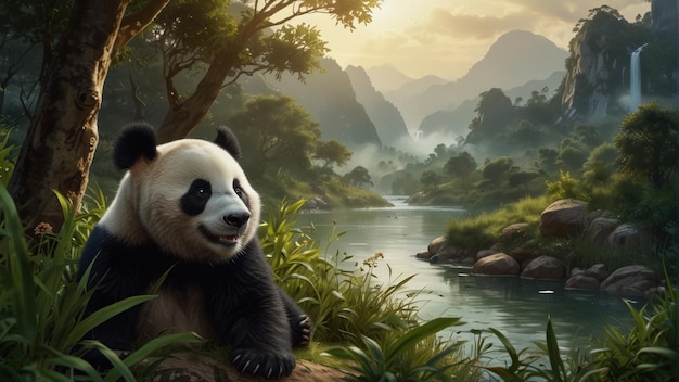 a panda bear is sitting on a rock in front of a river