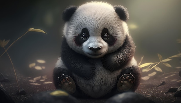 A panda bear is sitting on a rock.