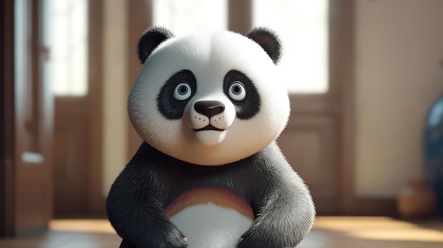 A panda bear is sitting on a table in front of a window.