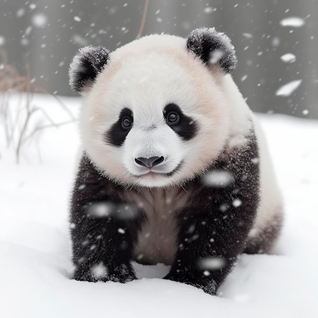 A panda bear is in the snow and it is snowing.