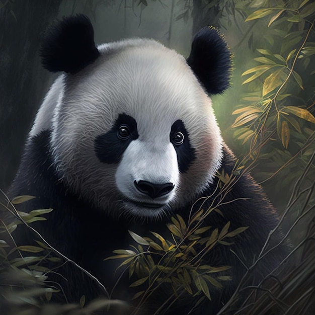 A panda bear is in the woods with leaves and branches.