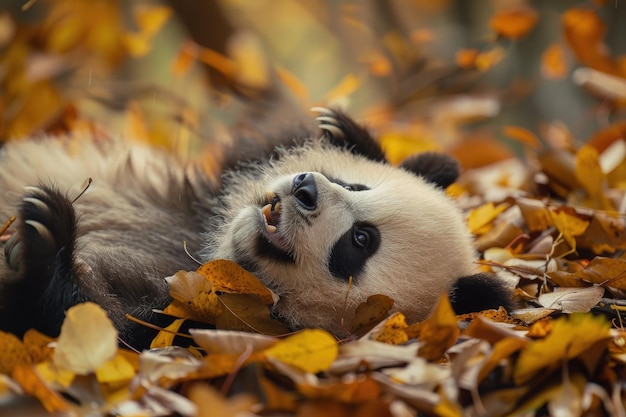 A panda bear laying on its back in a pile of leaves