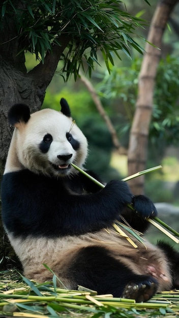 Panda bear leaning against a tree and eating bamboo shoots