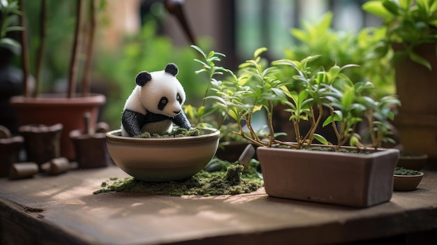 a panda bear sits in a bowl of plants.