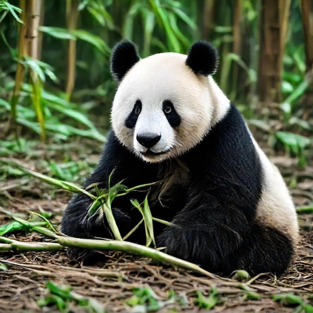 a panda bear sits in a field of bamboo