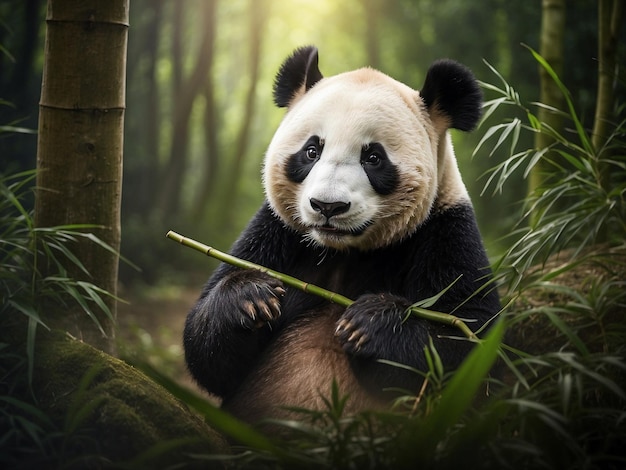 Photo a panda bear sits in a forest with bamboo in the background