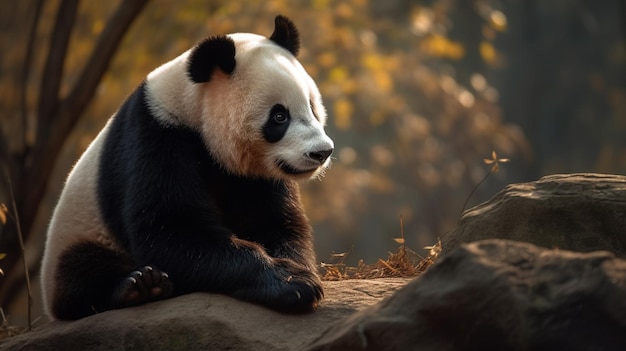 A panda bear sits on a rock in a forest.