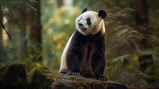 A panda bear sits on a rock in a forest.