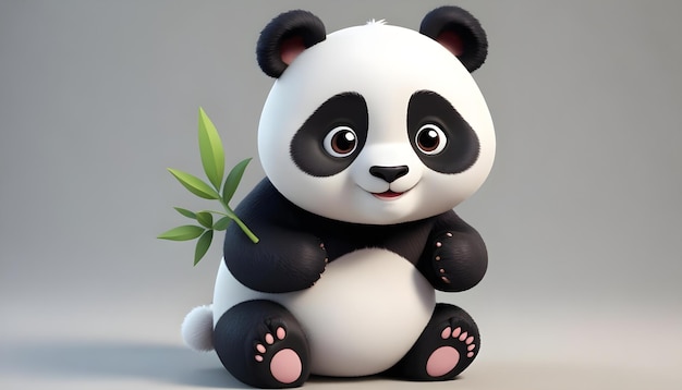 a panda bear sits on a white surface with a green leaf in the middle