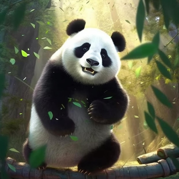 Panda bear sitting on a bamboo log in a forest generative ai