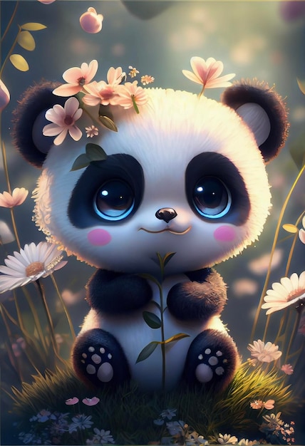 Panda bear sitting in a field of flowers generative ai