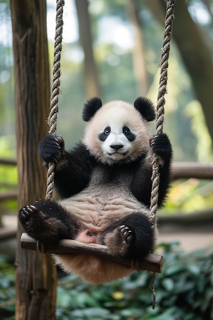 a panda bear sitting on a swing with the words panda on it