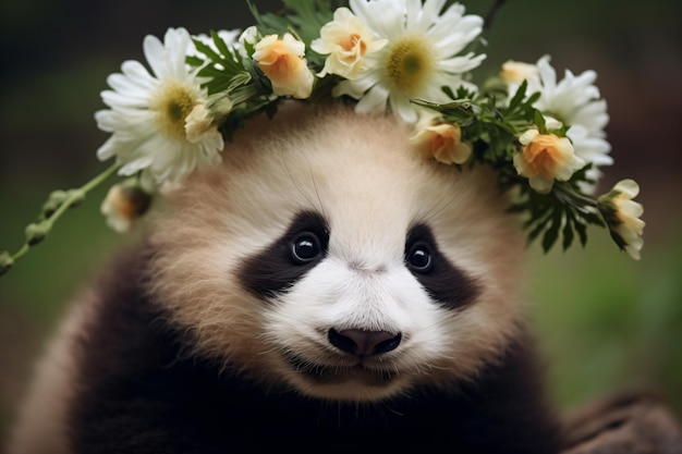 a panda bear wearing a flower crown on its head