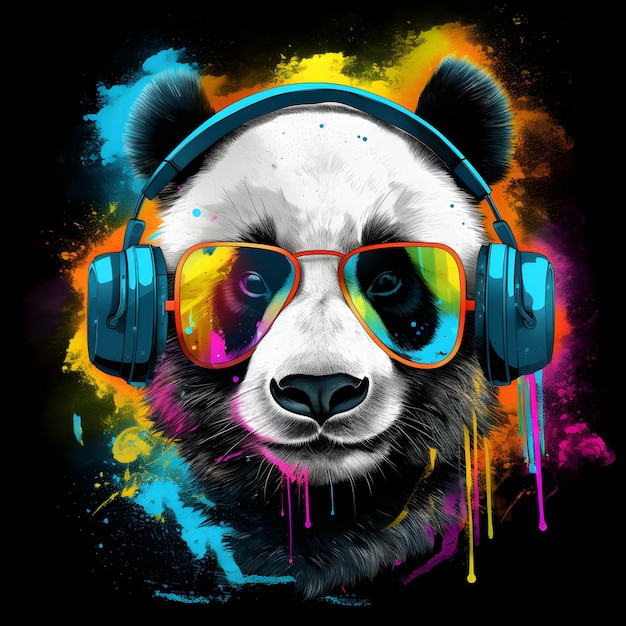 Panda bear wearing headphones and headphones with paint splatters Generative AI