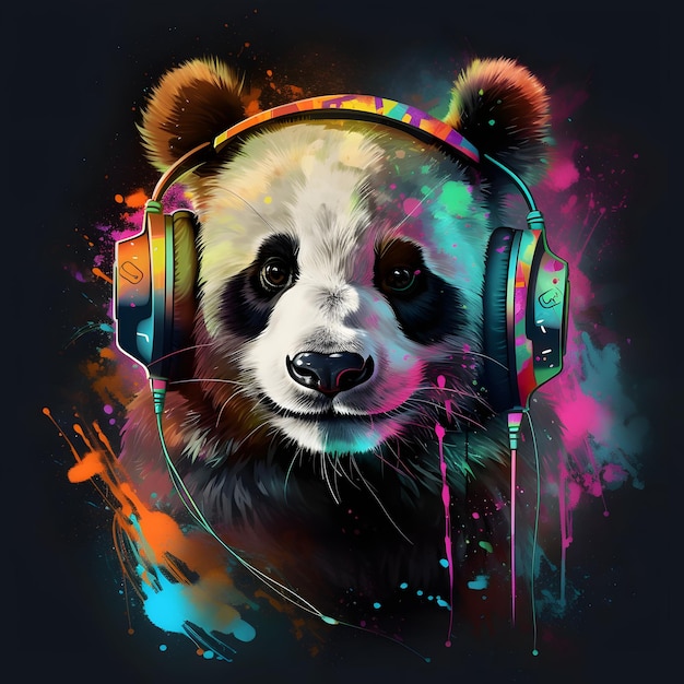 Panda bear wearing headphones with colorful paint splatters on it Generative AI