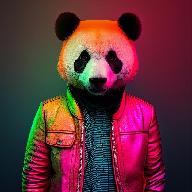 A panda bear wearing a leather jacket and a jacket