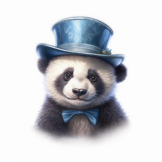 A panda bear wearing a top hat and a bow tie.