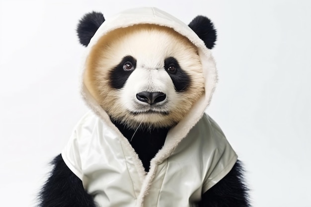 a panda bear wearing a white jacket and black pants