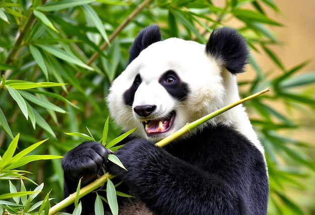 Photo a panda bear with a black eye and a white face and black eyes