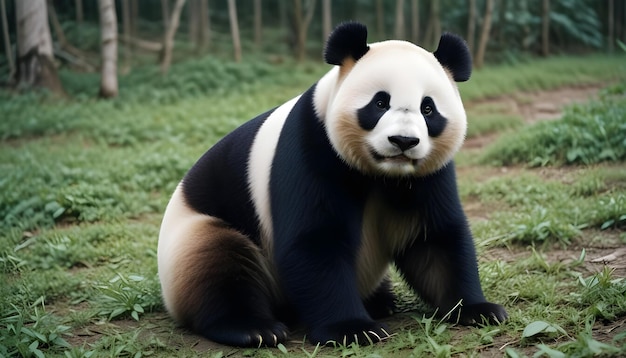 a panda bear with black eyes and a black eye sits on the ground