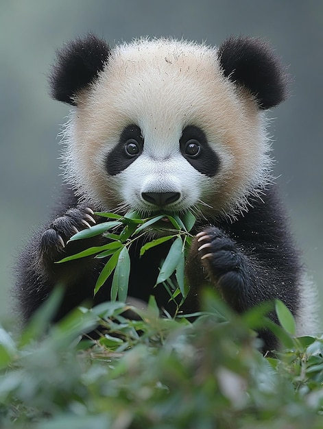 Photo a panda bear with black eyes eating bamboo