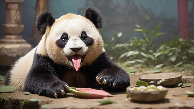 Photo a panda bear with black eyes and a pink tongue