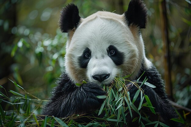 a panda bear with black eyes and a white face and black eyes