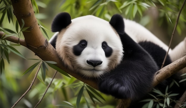 a panda bear with black eyes and a white face and black eyes