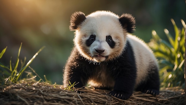 a panda bear with black eyes and a white face and black eyes