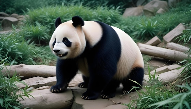 a panda bear with a black and white face and black ears