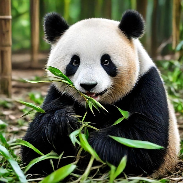 a panda bear with a black and white face and black eyes