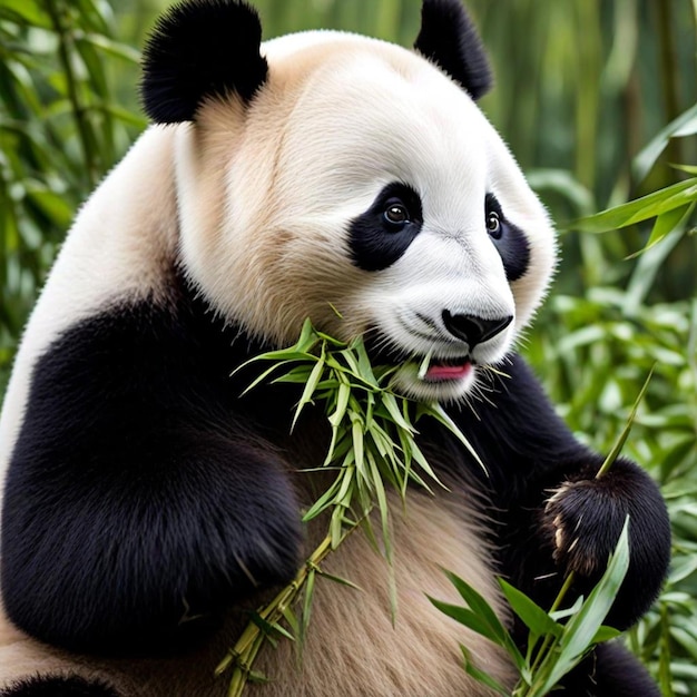 a panda bear with a black and white face and black eyes