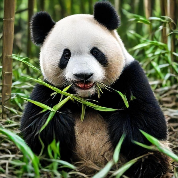 a panda bear with a black and white face and black eyes