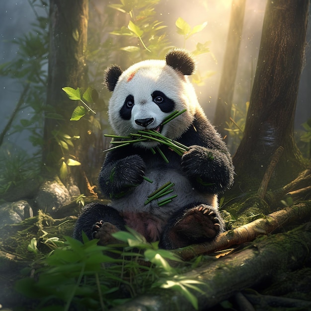 a panda bear with a black and white face holds a bamboo stick.