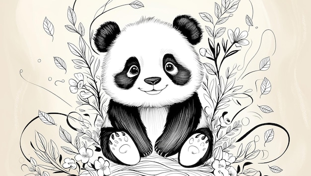 Photo a panda bear with a black and white face sits in a field of flowers