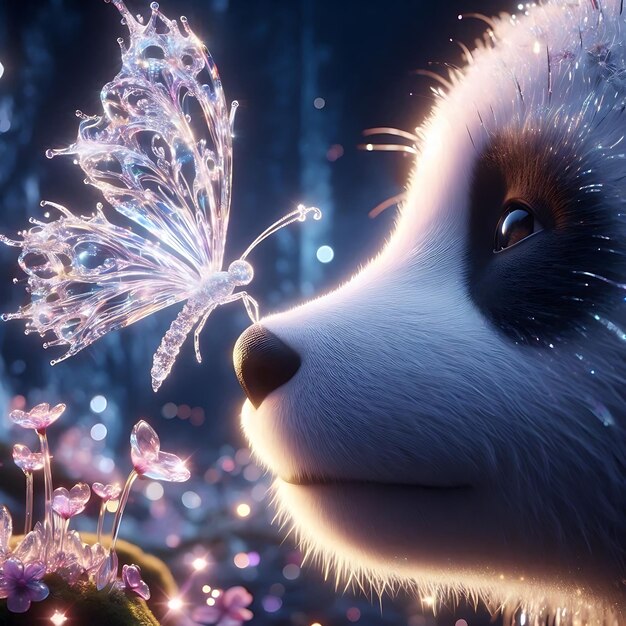 Photo a panda bear with a butterfly on his nose and a flower in the background