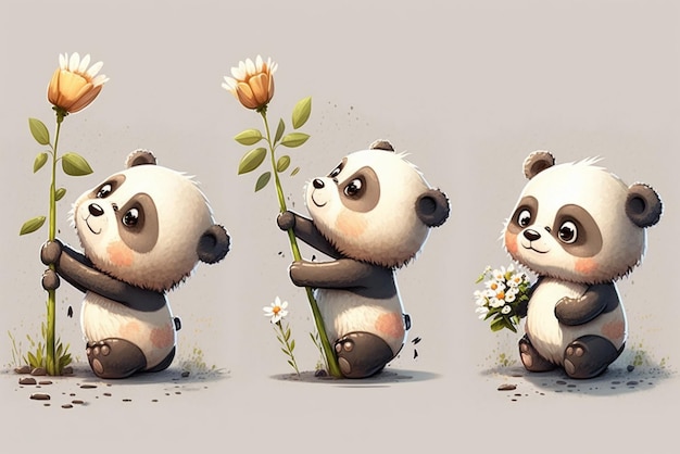 Panda bear with flower in three different stages of growth generative ai