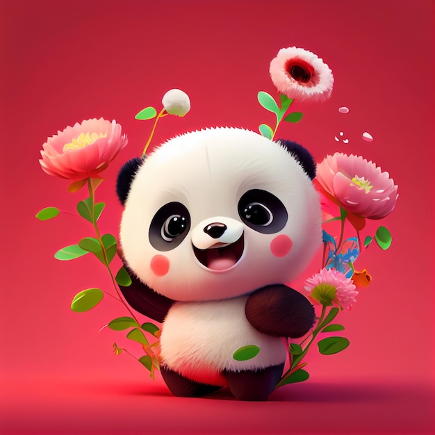 Panda bear with flowers and on a pink background generative ai