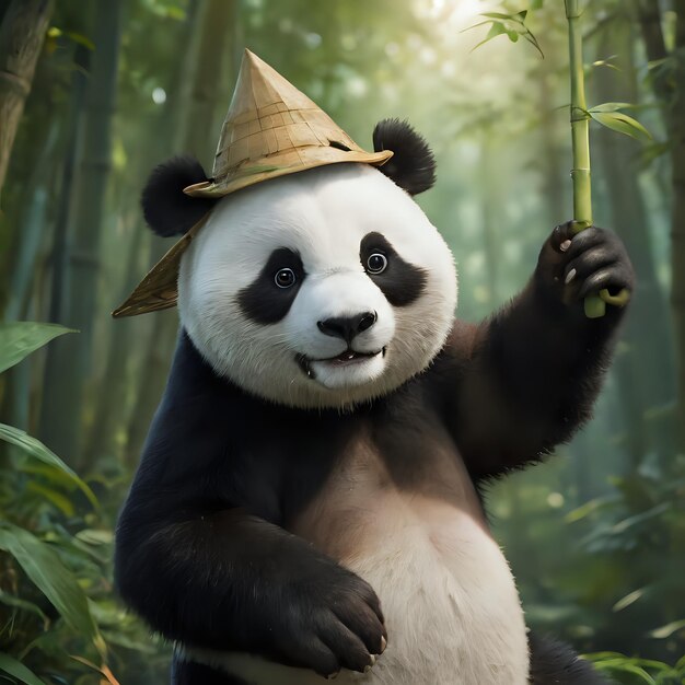 panda bear with a hat on holding a bamboo stalk in a forest