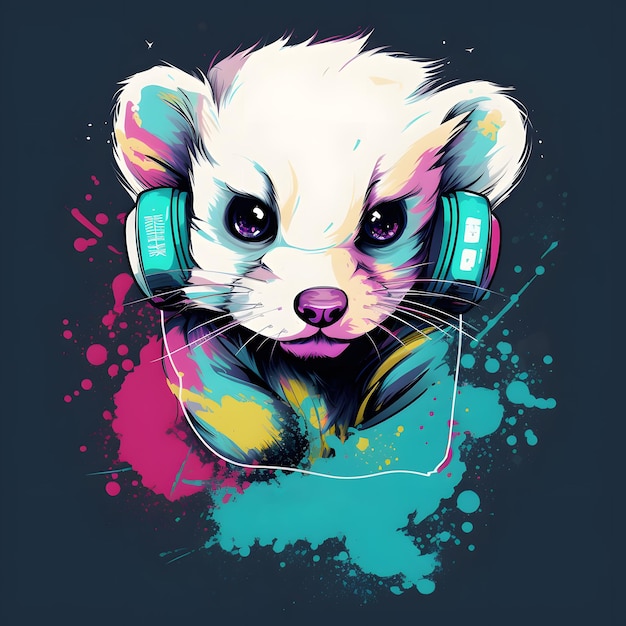 Panda bear with headphones in its mouth and splash of paint Generative AI