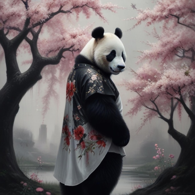 a panda bear with a kimono on his back stands in front of a cherry blossom tree